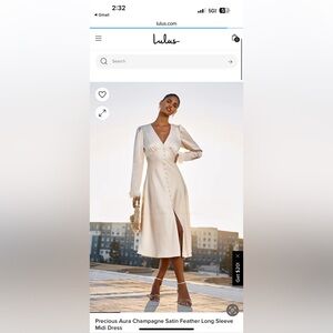 Precious Aura Champagne Satin Feather Long Sleeve Midi Dress